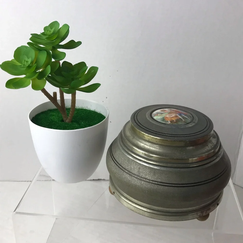 Vintage Metallic Powder Puff Music Box - Vanity Round Drum Box - Switzerland